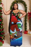 Green Christmas Loose Sexy Casual Cartoon Grinch Print Backless Spaghetti Strap Long Maxi Cami Slip Dresses