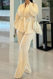 Apricot Casual Belted Lace up Cardigan Collar Long Sleeve Shirts and Wide Leg Pants Two Pieces Sets