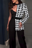 Black Party Club Casual Houndstooth Print Contrast Backless Irregular Halter Long SIngle Sleeve Wide Leg Jumpsuits
