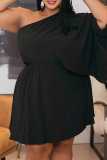 Black Casual Outing Backless Oblique Collar Single Sleeve A Line Plus Size Pleated Mini Dresses