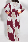 Beige Geometric Print Short Sleeve Scarf Collar Floor-Length Lace Up Loose Vacation Plus Size Maxi Dresses