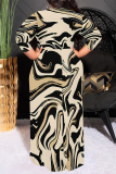 Beige Geometric Print Short Sleeve Scarf Collar Floor-Length Lace Up Loose Vacation Plus Size Maxi Dresses