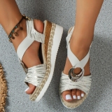 Black Casual Daily Metal Accessories Trim Fish Mouth Slip-on Open Toe Ankle Strap Wedges Sandals Shoes