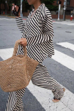 Black Casual Loose Stripe Button up Contrast Turndown Collar Long Sleeve Shirt and Wide Leg Pants Two Piece Sets