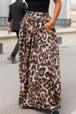 Casual Leopard Pocket Loose High Waist A-line Swing Long Skirts Bottoms