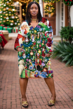White Orange Santa Claus Christmas Tree Print Deep V Neck Long Sleeve Ankle Length Casual Outing Straight Loose Midi Dress with Pocket