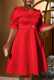 Red Formal Evening Party Prom Bow Decor O Neck Lantern Sleeve A Line Plus Size Pleated Midi Dresses