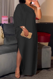 Black Formal Evening Party Prom Wedding Guest Gown Backless Oblique Collar One 3/4 Sleeve Side Slit Long Loose Maxi Satin Dresses