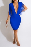 Black Formal Evening Party Sleeveless Backless Deep V Neck Fringed Shoulder Wrapped Skirt Bodycon Mini Dresses