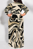 Beige Geometric Print Short Sleeve Scarf Collar Floor-Length Lace Up Loose Vacation Plus Size Maxi Dresses