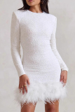 White Party Textured Sequin Evening Party Gown Long Sleeve Zipper Feather Hemline Bodycon Glitter Prom Mini Dress