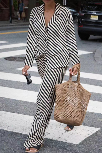 Black Casual Loose Stripe Button up Contrast Turndown Collar Long Sleeve Shirt and Wide Leg Pants Two Piece Sets