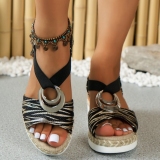 Black Casual Daily Metal Accessories Trim Fish Mouth Slip-on Open Toe Ankle Strap Wedges Sandals Shoes