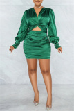 Blue Formal Office Casual V Neck Long Sleeve Hollow Out Wrapped Skirt Ruched Bodycon Mini Satin Dresses