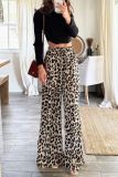 Casual Leopard Pocket Lace Up Loose High Waist Drawstring Wide Leg Pants Bottoms