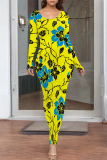 Navy Floral Print O Neck Long Sleeve Ankle Length Causal Outing Bodycon Maxi Dress