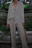 Black Casual Loose Stripe Button up Contrast Turndown Collar Long Sleeve Shirt and Wide Leg Pants Two Piece Sets