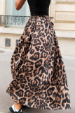 Casual Leopard Pocket Loose High Waist A-line Swing Long Skirts Bottoms
