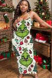 Pink Christmas Bodycon Cartoon Grinch Print Backless Spaghetti Strap Long Cami Dresses