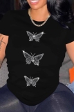 Black Hot Drilling Butterfly Print Round Neck Short Sleeve T-Shirts Tops