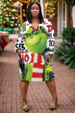 Multicolor Christmas Grinch Print Deep V Neck Long Sleeve Ankle Length Casual Outing Straight Loose Midi Dress with Pocket
