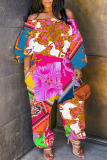 Fluorescent Green Colorblock Floral Print Off Shoulder Long Sleeve Harem Loose Overall Jumpsuits