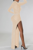 Apricot Hot Drilling See-Through Slit Turtleneck Long Sleeve Long High Slit Bodycon Glitter Prom Maxi Dress