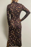 Brown Formal Office Casual Outing Leopard Print Half A Turtleneck Long Sleeve Lace Up Side Slit A Line Bodycon Maxi Dresses