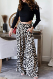 Casual Leopard Pocket Lace Up Loose High Waist Drawstring Wide Leg Pants Bottoms