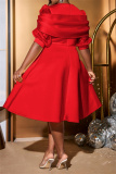 Red Formal Evening Party Prom Bow Decor O Neck Lantern Sleeve A Line Plus Size Pleated Midi Dresses