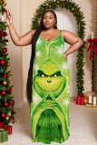 Green Christmas Loose Sexy Casual Cartoon Grinch Print Backless Spaghetti Strap Long Maxi Cami Slip Dresses