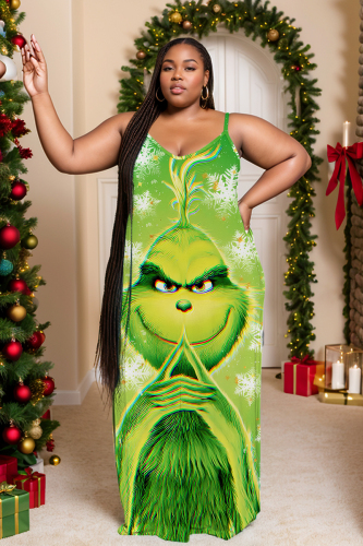 Green Christmas Loose Sexy Casual Cartoon Grinch Print Backless Spaghetti Strap Long Maxi Cami Slip Dresses