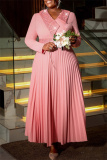 Pink Evening Party Gown Sequin V Neck Long Sleeve Pleated Glitter Prom Maxi Dress