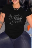 Black Hot Drilling Letter Crown Print Round Neck Short Sleeve T-Shirts Tops