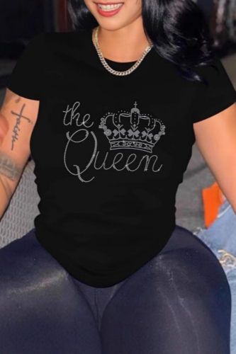 Black Hot Drilling Letter Crown Print Round Neck Short Sleeve T-Shirts Tops