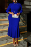 Blue Formal Evening Party Prom Wedding Guest Gown Turndown Collar Nine Points Sleeve Fishtail Hem Bodycon Maxi Dresses