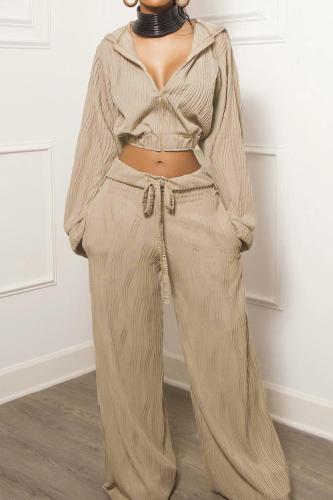 Khaki Loose Casual Draw String Hooded Zipper Collar Long Sleeve Jacket and Wide Leg Pants Two Pieces Sets
