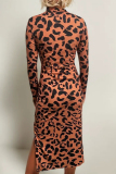 Brown Formal Office Casual Outing Leopard Print Half A Turtleneck Long Sleeve Lace Up Side Slit A Line Bodycon Maxi Dresses