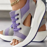 Purple Casual Sports Leisure Mesh Peep Toe Hollow Out Fish Mouth Platform Wedges Slip-on Sandals Shoes