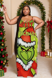 Green Christmas Loose Sexy Casual Cartoon Grinch Print Backless Spaghetti Strap Long Maxi Cami Slip Dresses