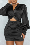 Blue Formal Office Casual V Neck Long Sleeve Hollow Out Wrapped Skirt Ruched Bodycon Mini Satin Dresses
