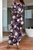 Navy Floral Print O Neck Long Sleeve Ankle Length Causal Outing Bodycon Maxi Dress