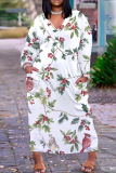 White Floral Print V Neck Long Sleeve Plus Size Straight Casual Outing Loose Midi Dress