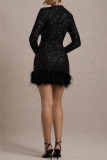 White Party Textured Sequin Evening Party Gown Long Sleeve Zipper Feather Hemline Bodycon Glitter Prom Mini Dress