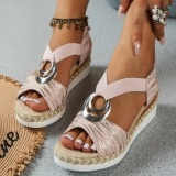 Black Casual Daily Metal Accessories Trim Fish Mouth Slip-on Open Toe Ankle Strap Wedges Sandals Shoes