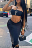 Black Skinny Party Club Backless Hot Drill Strapless Short Tube Tops and Wrap Skirts Two Pieces Dress Sets