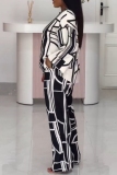 White Black Loose Abstarct Colorblock Print Round Neck Long Sleeve Tops and Straight Pants Two Pieces Sets