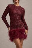 White Party Textured Sequin Evening Party Gown Long Sleeve Zipper Feather Hemline Bodycon Glitter Prom Mini Dress