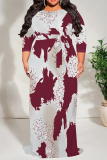 Beige Geometric Print Short Sleeve Scarf Collar Floor-Length Lace Up Loose Vacation Plus Size Maxi Dresses