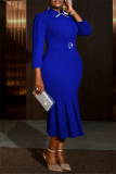 Blue Formal Evening Party Prom Wedding Guest Gown Turndown Collar Nine Points Sleeve Fishtail Hem Bodycon Maxi Dresses